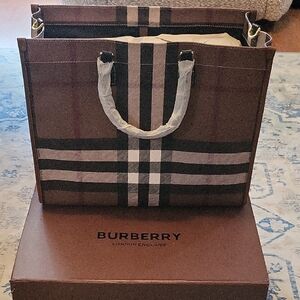 Burberry Brown Plaid Canvas Briefcase Tote